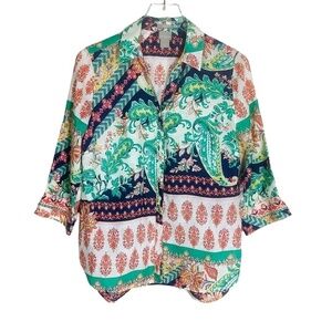 Chico's No Iron Linen Paisley‎ Shirt 3/4 Sleeves